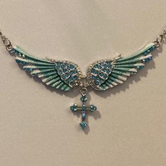 3/$15~Blue Crystal Angel Wing Necklace - Picture 2 of 4